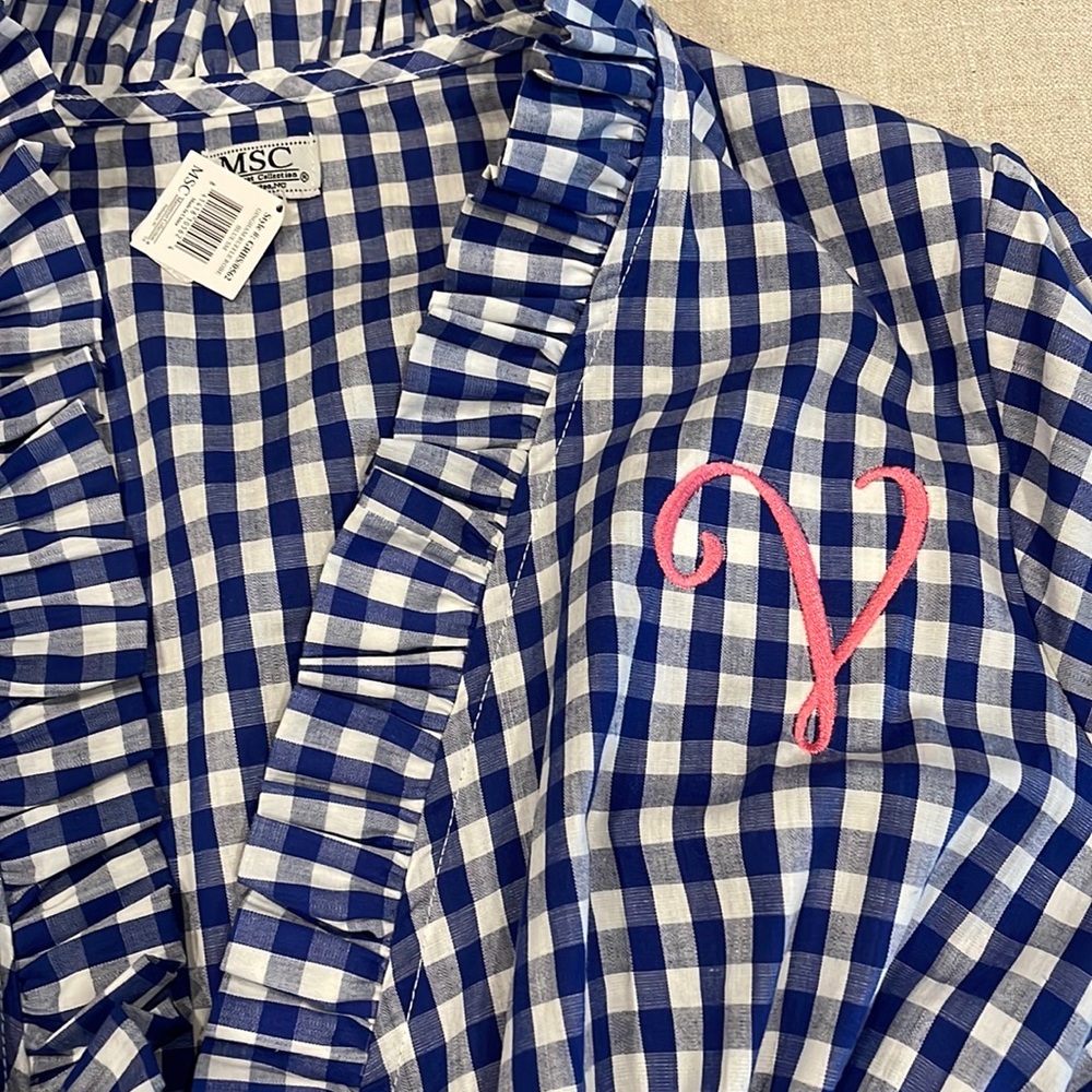 Mainstreet collection Blue Gingham Ruffle Robe “V” initial S/M - Picture 3 of 5